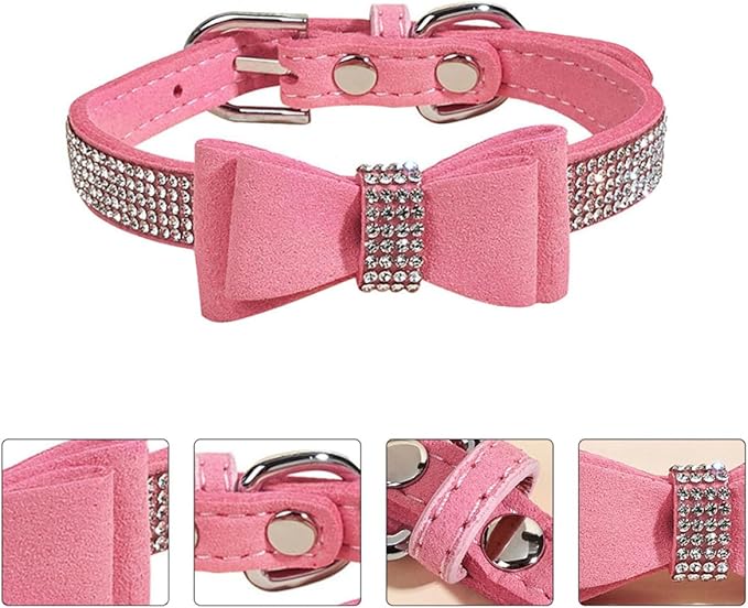 Pet Dog Collar Rhinestone Bow Tie Adjustable Microfiber XXS 25cm Pink Bling Collar for Small Cats and Puppies