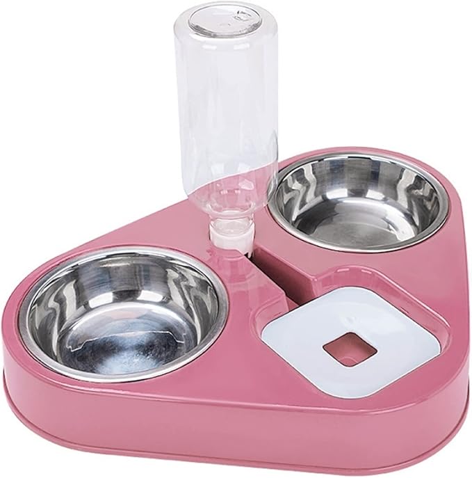 Dog Water Bottles Stainless Steel Pet Cat Food Bowl Double Bowl 3 Bowls Automatic Dog Cat Feeder Bowl Drinking Bowl with 500ml Dog Water Bottle(C)