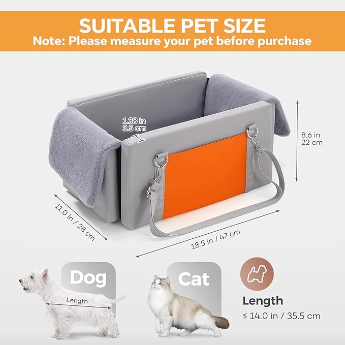 Avont Center Console Dog Car Seat with Double Protection Seat Belts, Armrest Middle Console Booster Travel Carrier for Small Dogs Cats with Storage Pockets, Well-Cushioned, Anti-Anxiety -Light Grey