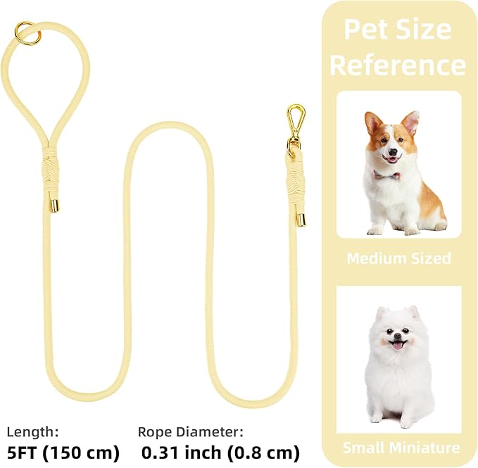 Durable Handwoven Dog Leash for Small & Medium Dogs, 5/16 inch Rope Lead with Anti-Tangle Swivel Clip, Soft & Lightweight, 5FT Long – Ideal for Daily Walking & Training (Light Yellow)