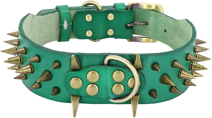 Spiked Studded Leather Dog Collars Wide Sharp Pitbull Big Dog Collar Adjustable for Medium Large Dogs Boxer Bulldog Red L XL Green XL