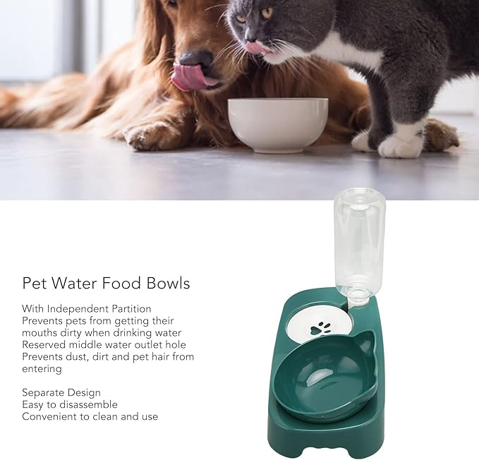 Pet Water Food Bowls - PP Raised Detachable Automatic Water Feeder - Pets Water and Food Bowl Set, Strainer Design, Protection from Dust for Small Medium Cat Dog (Dark Green)