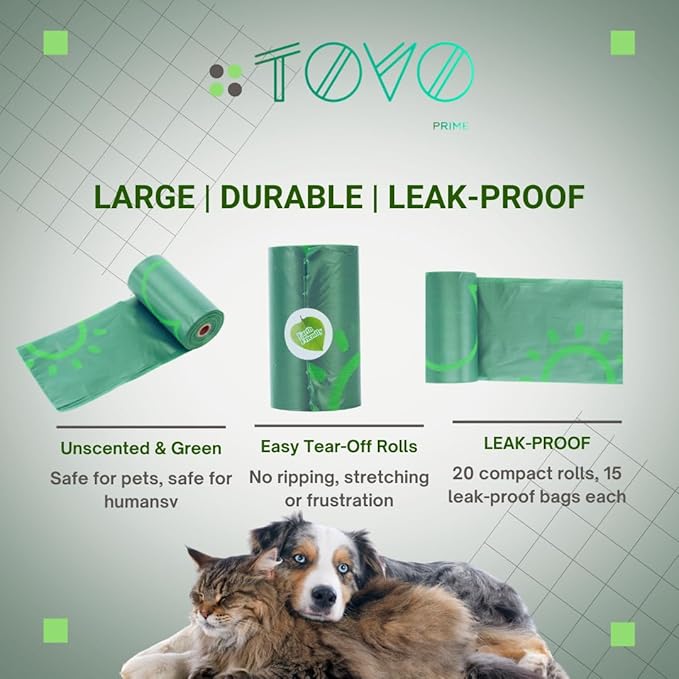 Dog Poop Bags with a Dispenser | 300 pcs, 20 Rolls, 9"x13" | Leak-Proof, Extra Strong, Thick Waste Bag | Easy Tear-Off Rolls | Unscented Green | Cat Waste Bags | Dog Waste Cleanup