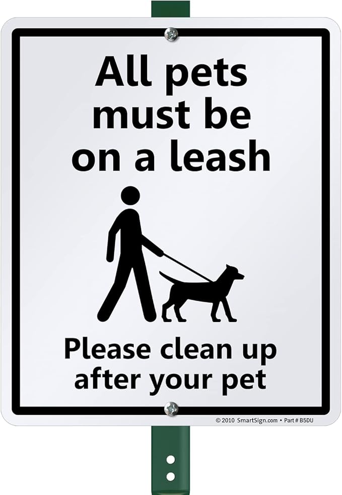 SmartSign 12 x 10 inch “All Pets Must Be On A Leash - Please Clean Up After Your Pet” Yard Sign with 3 foot Stake, 40 mil Laminated Rustproof Aluminum, Black and White, Set of 1