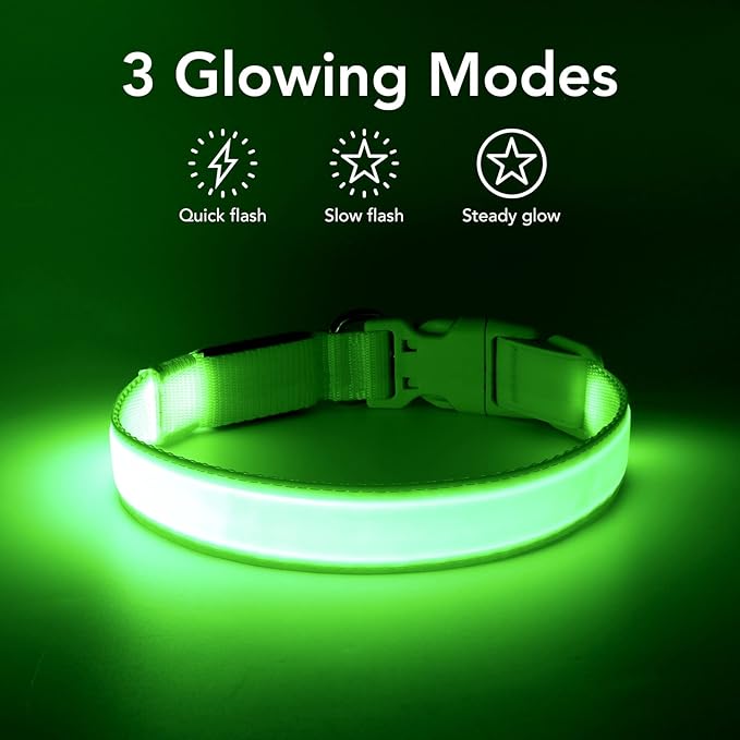 LED Dog Collar Light Up Dog Collars USB Rechargeable, Adjustable Size Heavy Duty TPU Nylon Webbing Glow Safety Basic Dog Collars for Large Medium Dogs (L, Neon Green)