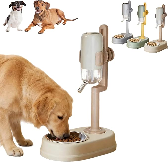 Pet Standing Water Dispenser Feeder Bowl, Dog Automatic Food Dispenser with Water Bottle Combined Bowl, Double Layer Pet Drinking Water Feeder for Both Cats and Dogs (Beige)