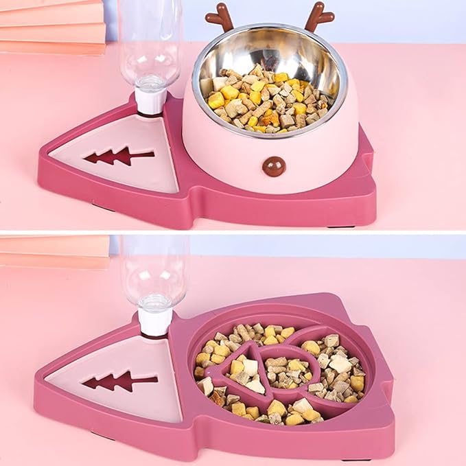 3 in 1 Pet Tableware Dog Food Bowl Automatic Waterer Tilted Elevated Stainless Steel Bowl with Slow Feeder 3 Colors Pet Automatic Feeder and Waterer