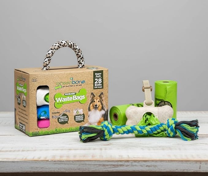 Greenbone BioBase Purple Dog Poop Bag Refills: 28 Rolls - 336 Bags with Dispenser and Rope Toy Handle- Dog Gift Set