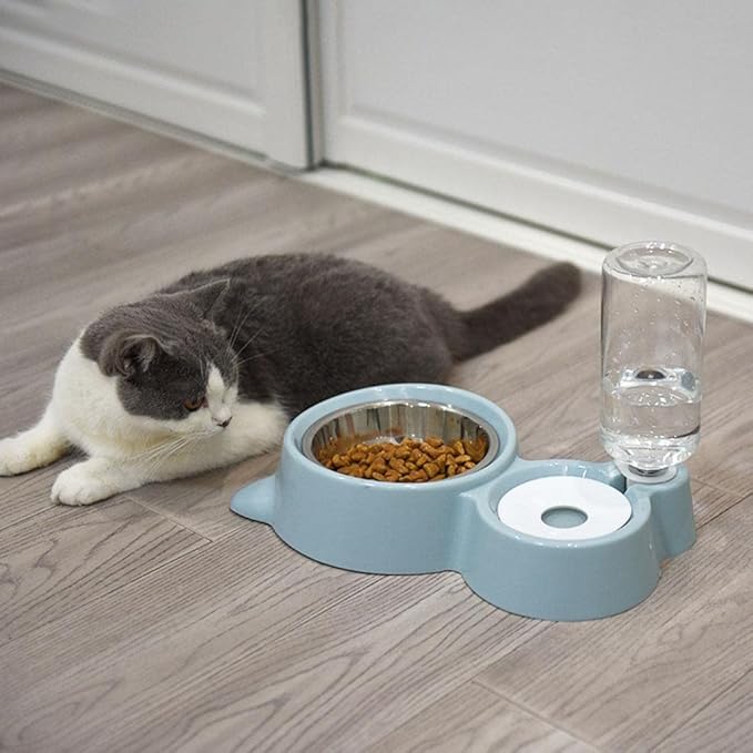Double Puppy Cat Bowls - Pets Water Food Bowl Set, Stainless Steel Feeding Bowl Set with Automatic Water Bottle for Small Or Medium Size Dogs and Cat, Blue
