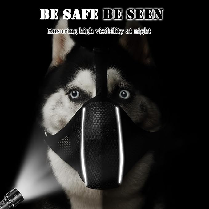 Mayerzon Dog Muzzle, Patented Mesh Soft Muzzles for Large Medium Small Dogs Poodle Husky Doberman Labrador Retriever for Scavenging Grooming Biting Chewing, Breathable Reflective Mussel with Collar