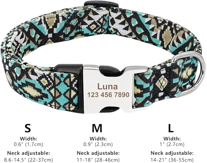 Personalized Dog Collar Nylon Print Dog Collars Customized Puppy Pet Collar Engraved Name ID for Small Medium Large Big Dogs Pug 019 Blue Black M
