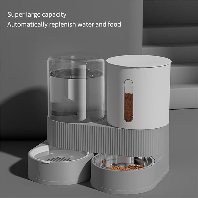 Automatic Pet Feeders with Removable Stainless Steel Bowls, Anti-Slip Base & Integrated Water Dispenser for Dogs Spill Elevated Bowl