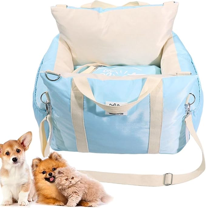Cat Dog Pet Car Mat, Car Seat for Small Dogs, Detachable Washable Dog Booster Seat, Pet Car Seat Travel Bed, with Storage Pockets and Dog Safety Belt for Small Medium Dog Blue