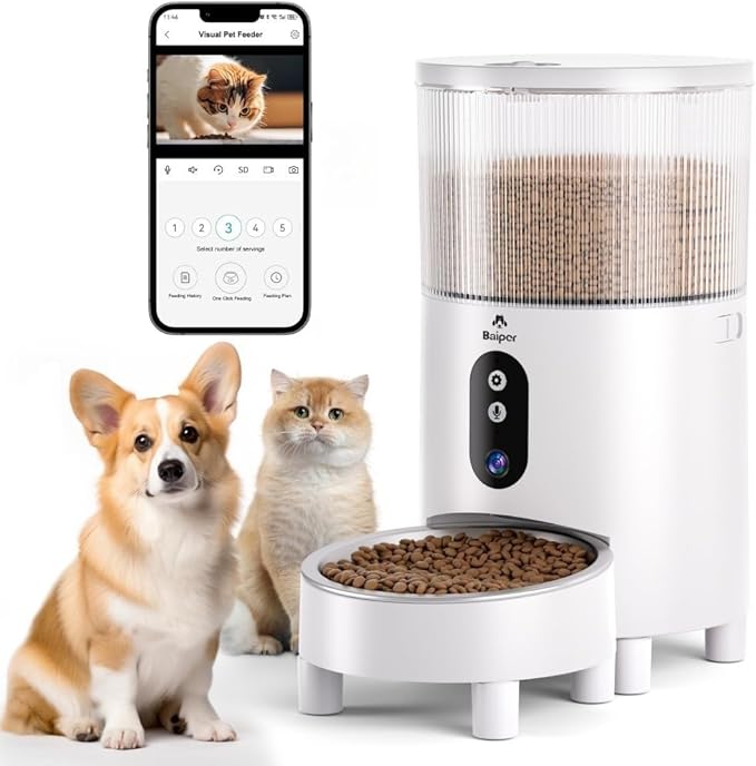 Single Hole Automatic Cat&Dog Feeder with Camera 780P HD Video with Night Vision 5G WiFi Pet Feeder with 2-Way Audio Low Food & Blockage Sensor Motion & Sound Alerts for Cat & Dog Single Tray White