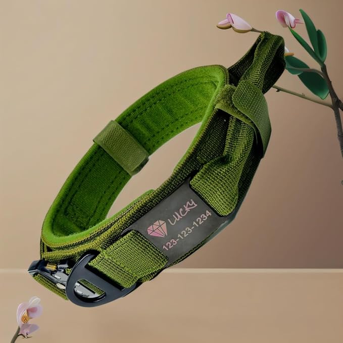 Personalized Tactical Dog Collar with Handle, Military Style, Adjustable (Army Green, L(16.5-20.4"))