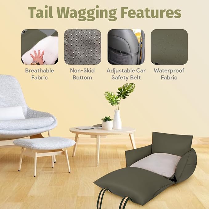 Car Seat & Dog Bed | Waterproof Booster Seat for Small & Medium Dogs Up to 30 Lbs | Easy to Carry with Handles & Storage Pockets (Olive)