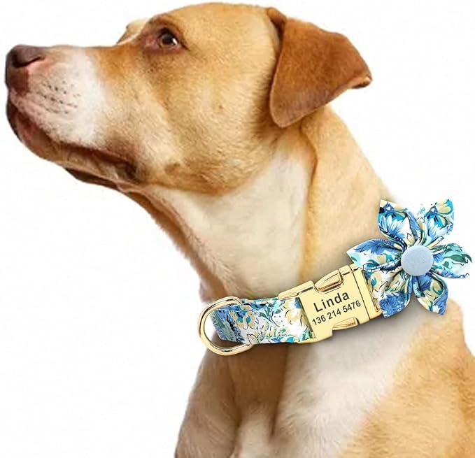 Custom Flower Dog Collar Nylon Floral Printed Pet Dog Collars Personalized Puppy Collar for Small Medium Large Dogs Cat Pitbull 157 Blue S