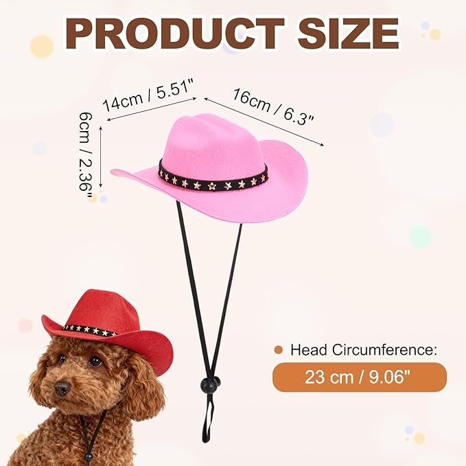 Dog Cowboy Hat, Mini Cowboy Hat for Pet with Chin Strap Adjustable Cosplay Cap, (Pink, M), Intended for Dogs and Cats/Halloween Costume/Party Decoration