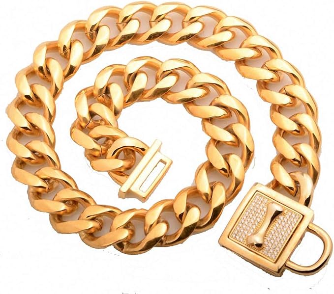 Lakke 19mm Golden Lock Stainless Steel Pet Dog Collar Apparels Metal Durable Puppy Dog Cat Gold Silver Collar Training Necklaces 10A
