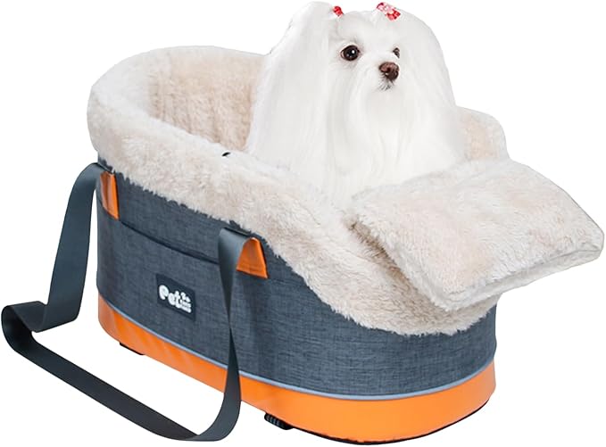 Linen & Velvet Console Dog Car Seat - Anti-Slip Base with Pockets for Poop Bags, Fits Small Dogs Under 5kg