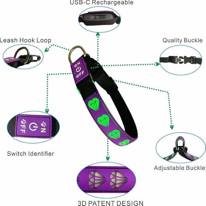 Subversive USB-C led Light up Airtag Dog Collar, Subversive 3D Sunflower Design Comfortable and Soft Material,Multicolored Lighting (D-Black, M(15.7-19.7"))