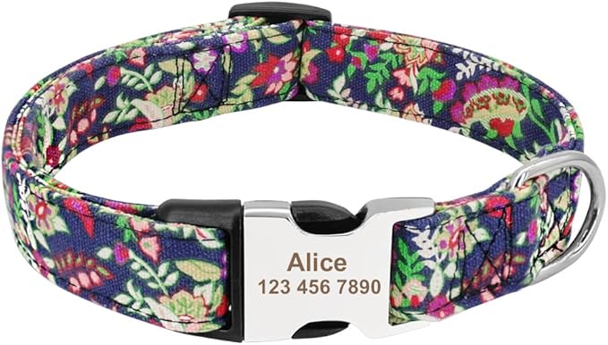 Personalized Dog Collar Nylon Print Dog Collars Customized Puppy Pet Collar Engraved Name ID for Small Medium Large Big Dogs Pug 019 Purple M