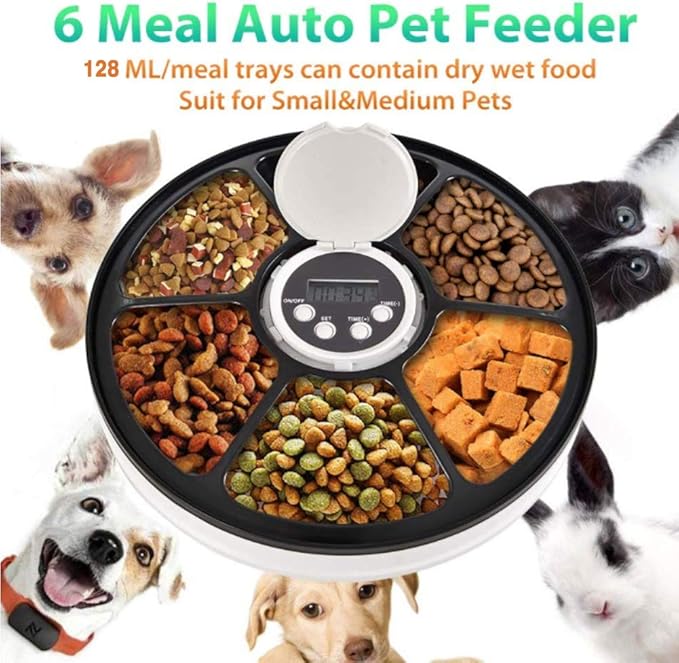 6-Meal Automatic Pet Feeder Food Dispenser for Dogs and Cats W/Programmable Digital Timer, Portion Control & Voice Recording, Dishwasher,Safe Tray Feeds Wet Or Dry Food
