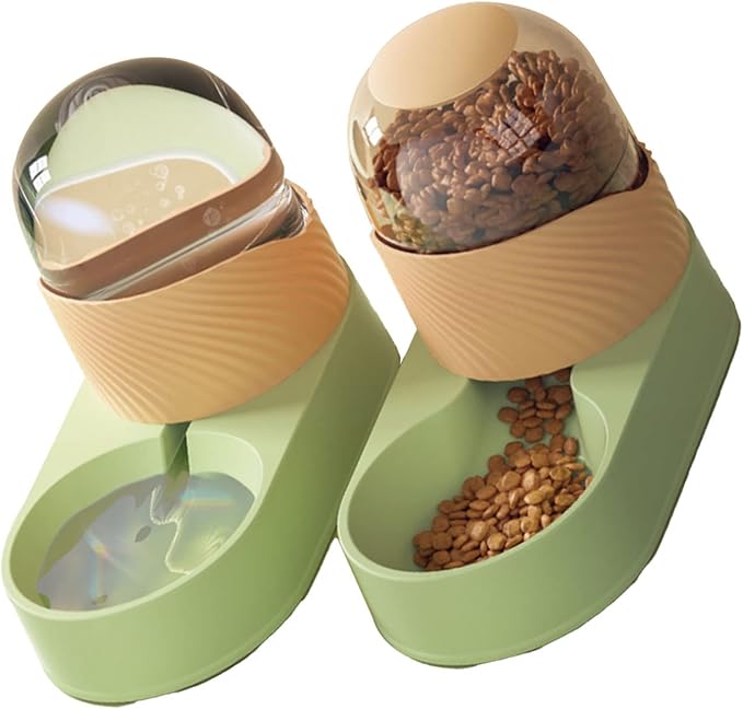 Automatic Cat Feeder and Water Dispenser,Pet Food Feeder and Waterer Set Pets Cats Dogs Automatic Waterer and Food Feeder for Small Medium Cats Dogs Big Capacity (Green Orange)