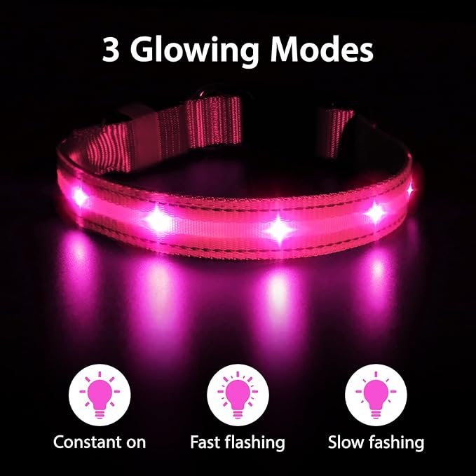 MASBRILL Rechargeable LED Dog Collar - Water-Resistant, Light Up, Flashing, Glowing for Night Safety - Adjustable Illuminated (S, Pink)