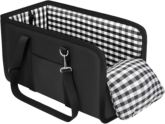 Center Console Dog Car Seat for Small Dogs Up to 11lbs Anti-Collapse Armrest Booster Seat with Headrest Stabilizing Straps Portable Pet Carrier Bag Travel Safety Kennel with Internal Tether (Black)