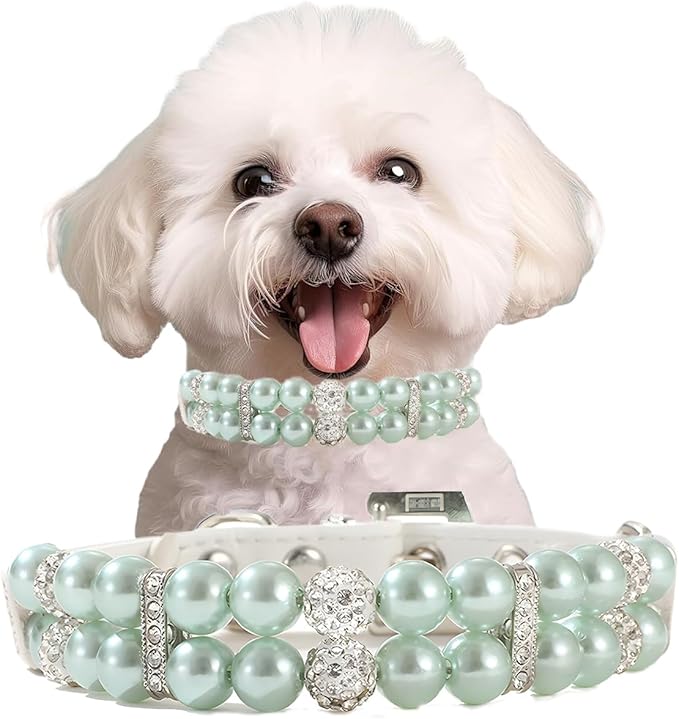 Green Pearl Small Dogs, Pearl Cat Collar Pu Leather Puppy Necklace with Crystal Rhinestone Diamond Adjustable for Girl Kitten XXSmall Small Medium Female Dogs Wedding & Birthday Party, XS