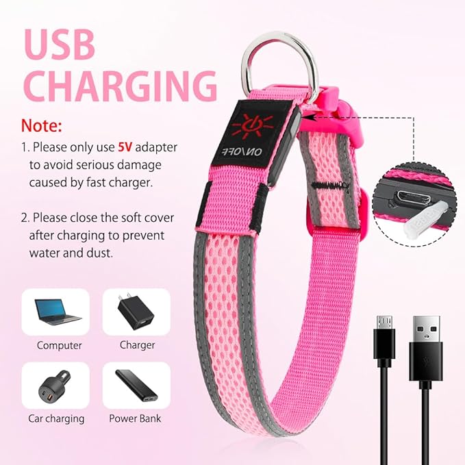 Illumifun LED Dog Collar, USB Rechargeable Light Up Dog Collar Glow in The Dark, Adjustable Safety Pet Collar for Night Walking (Small, Light Pink)