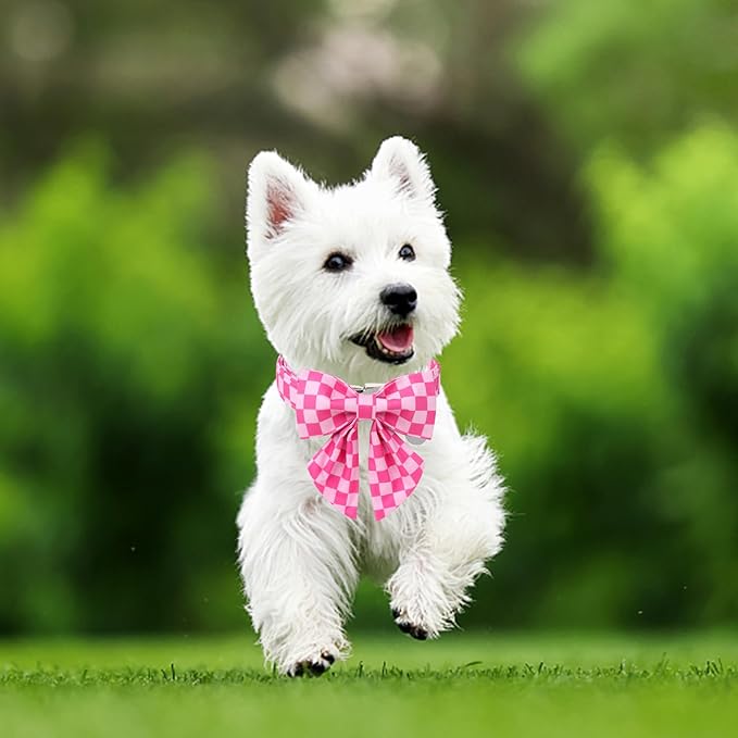 Dog Collar with Bow Tie,UP URARA PUP Pink Plaid Bowtie Dog Collar, Summer Bowtie Collar for Puppy Boy Girl Dog, Comfortable Cotton Dog Collar with Metal Buckle,XL,Neck 16-26in, PinkPlaid CS