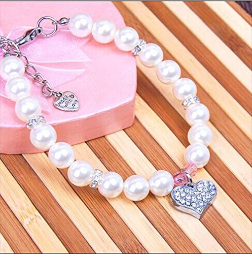 Fancy Pinky Crystal Heart Pet Cat Dog Necklace Jewelry with Bling Pearls Rhinestones Charm for Pets Cats Small Dogs Girl Teacup Chihuahua Yorkie Clothes Costume Outfits (12-Inch)