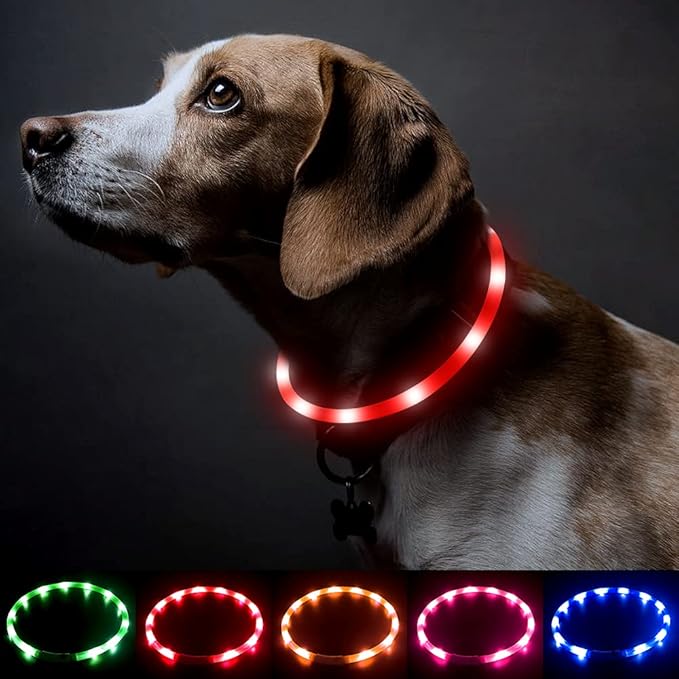 BSEEN Light Up Dog Collar, Silicone LED Dog Collar Rechargeable Cat Collar Cuttable Glowing Puppy Necklace Safety Dog Lights for Night Walking (Red)