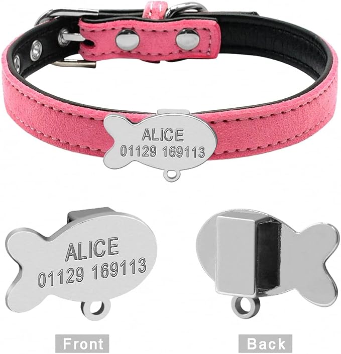 Personalized Chihuahua Collar for Small Dog Adjustable Padded Pet Collars with Bell for Small Medium Cat Dogs Pink Fish XXS