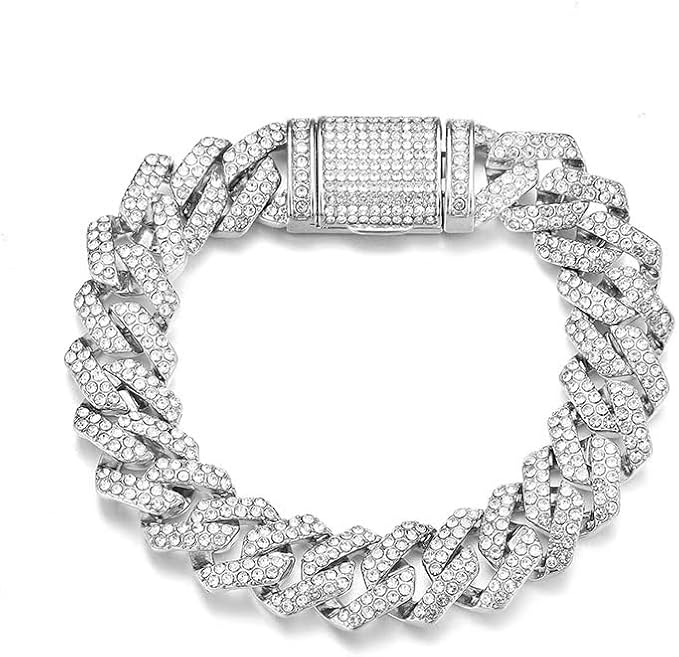 Silver Dog Chain Collar Diamond Glitter Rhinestone Necklace Cuban Link Chain Dogs Jewelry Metal Pet for Puppy Small Medium Large Dogs Cats(Silver 12inch)