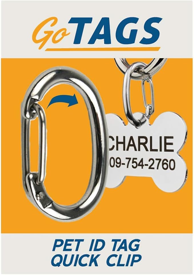 GoTags Pet ID Dog Tag Clip, Strong Durable Dog and Cat Tag Connector, Quick Clip to Pet Collars, Easy Upgrade for Split Ring, Mini Carabiner Made of Stainless Steel, Pack of 2