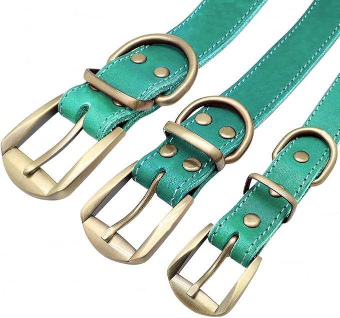 Custom Leather Dog Collar for Small Medium Large Dogs Pitbull Personalized Fashion Genuine Leather ID Collar with Name Plate Green M