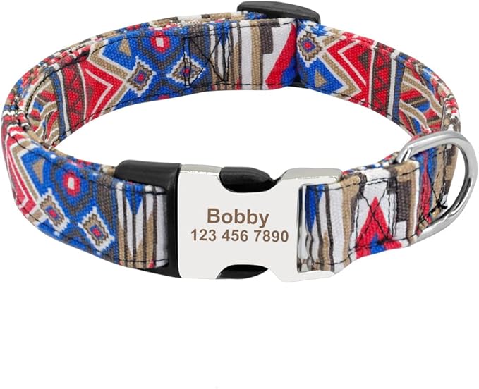 Personalized Dog Collar Nylon Print Dog Collars Customized Puppy Pet Collar Engraved Name ID for Small Medium Large Big Dogs Pug 019 Dark Blue L