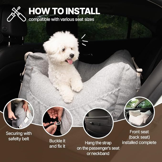 Dog Car Seat for Small Medium Large Dogs, Sofa Fabric&Eco-Friendly Microfiber Velboa, Detachable and Washable Travel Dog Booster with Thick Cushion (Vanilla Latte, L)