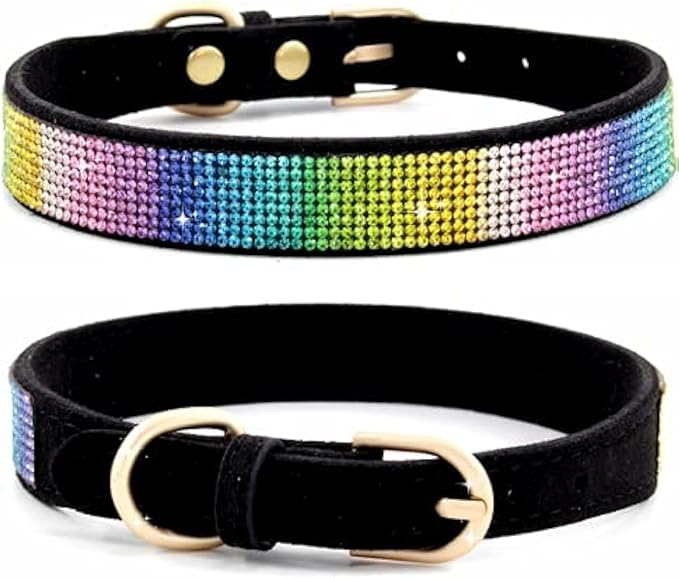Haoyueer Rhinestone Dog Collar, Cute Dazzling Sparkling Soft Suede Leather Dog Cat Rhinestone Collar Crystal Diamond Pet Dog Puppy Collar (L, Black-3)