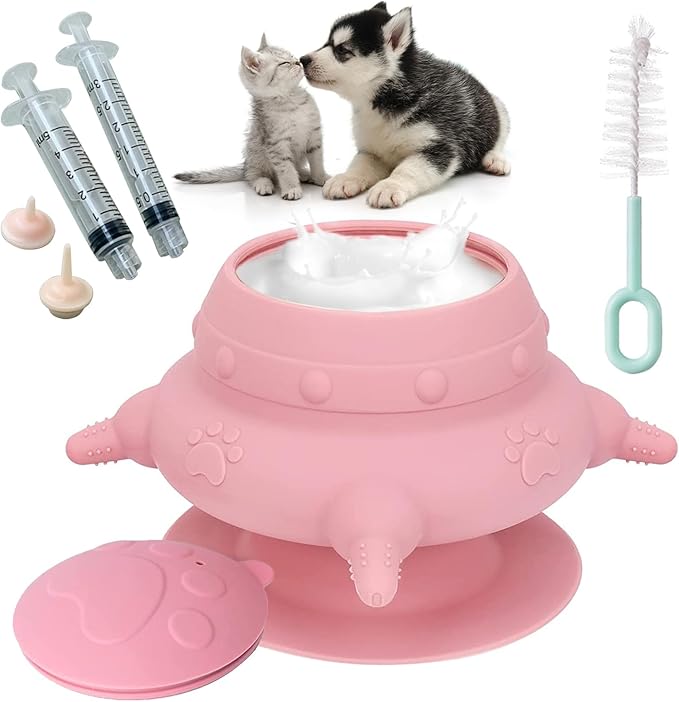 Puppy Feeder for Multiple Puppies, 240ml Silicone Puppy Milk Feeder Bowl with 4 Teats, Puppy Bottles Feeding Station for Nursing Kittens, Puppies, Rabbits(1 Puppy Feeder+2 Nipples+2 Syringes+1 Brush)