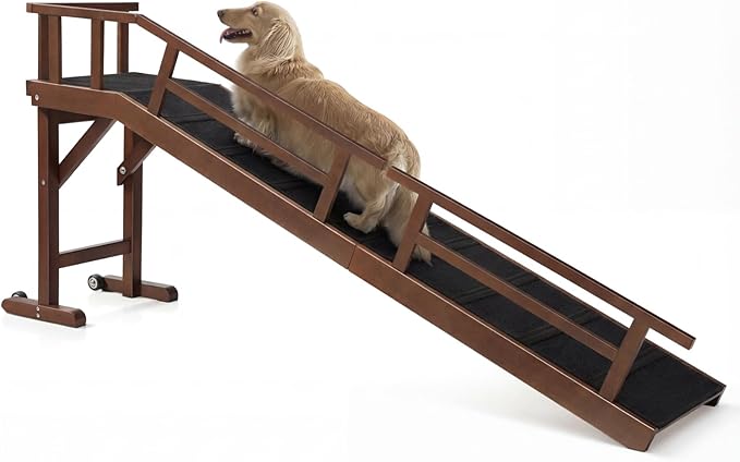 Dog Ramp for Bed or Couch, Wooden Pet Ramp with 20° Gentle Slope, Removable Side Rails, Non-Slip Surface, Top Platform & Wheels, Safe Bed Ramp for Small, Medium & Senior Dogs, 74" Long, Walnut