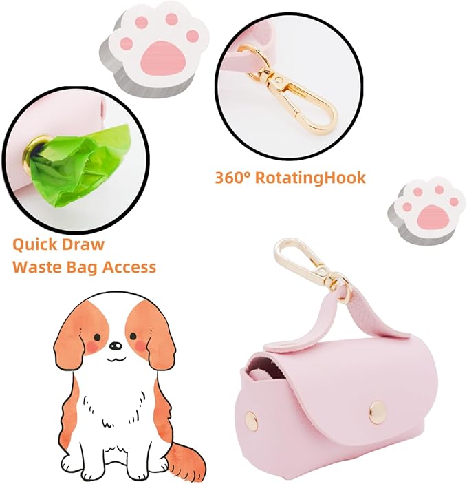 Leather Poop Bag Holder Dispenser for Leash, Portable and Reusable Dog Poop Dispenser, Dog Bag Holder for Walking, Outdoor, Travelling (Pink)