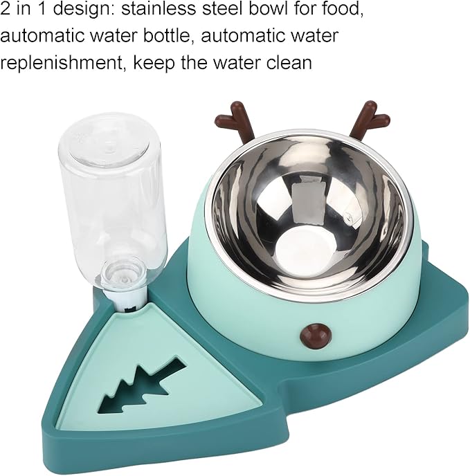 Pet Food Feeder Automatic Water Dispensers Set with Detachable Stainless Steel Bowl Small Medium Pets (Agate Green)