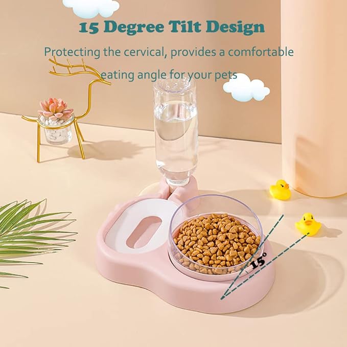 Love Dream 2-in-1 Dog Cat Bowls, 15°Tilted Raised Water and Food Bowl Set with Automatic Water Dispenser Bottle and Detachable Cat Dish, Pet Feeder for Small or Medium Dogs Cats Puppy Kitten Rabbit