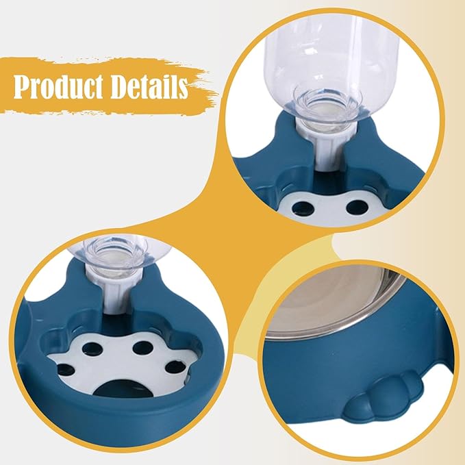 Dog Bowl with Automatic Water Bottle Practical Pets Water and Food Bowl Set for Small Medium Dogs Puppy- Blue