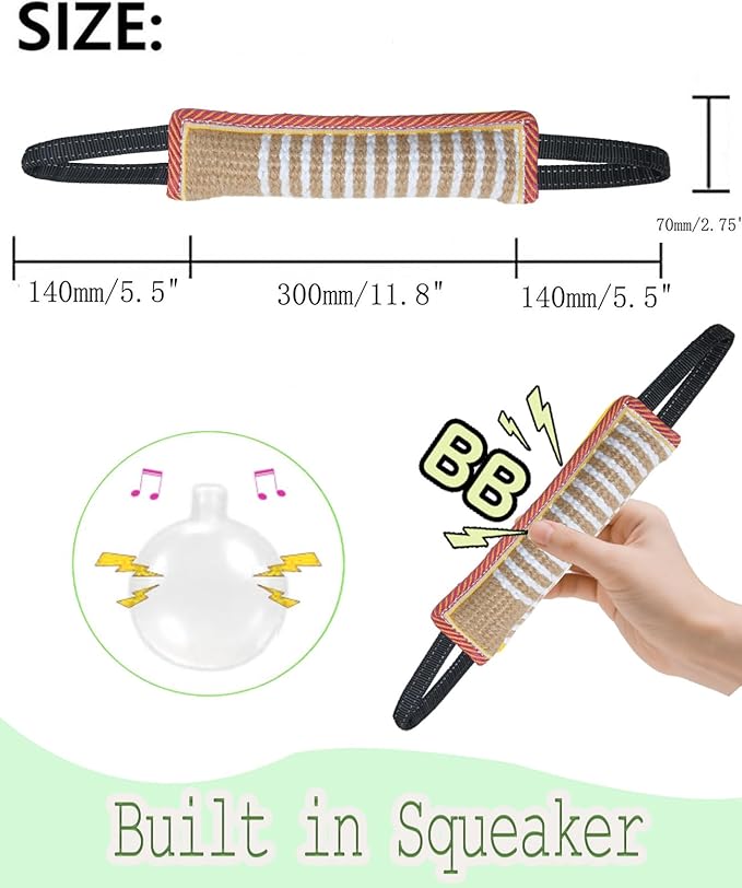 Clysoru Squeaky Tug Toy for Dogs Jute with 2 Strong Handles Lasting Training Equipment Puppy to Large Dog Interactive Toys of War Pull Indestructible Rope Pet Crinkle Teething