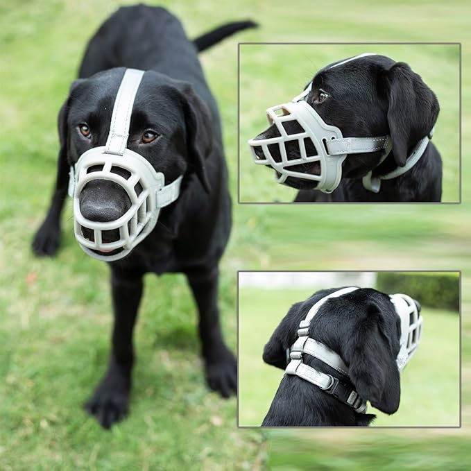 BARKLESS Dog Muzzle, Soft Silicone Basket Muzzle for Dogs, Allows Panting and Drinking, Prevents Unwanted Barking Biting and Chewing, Included Collar and Training Guide